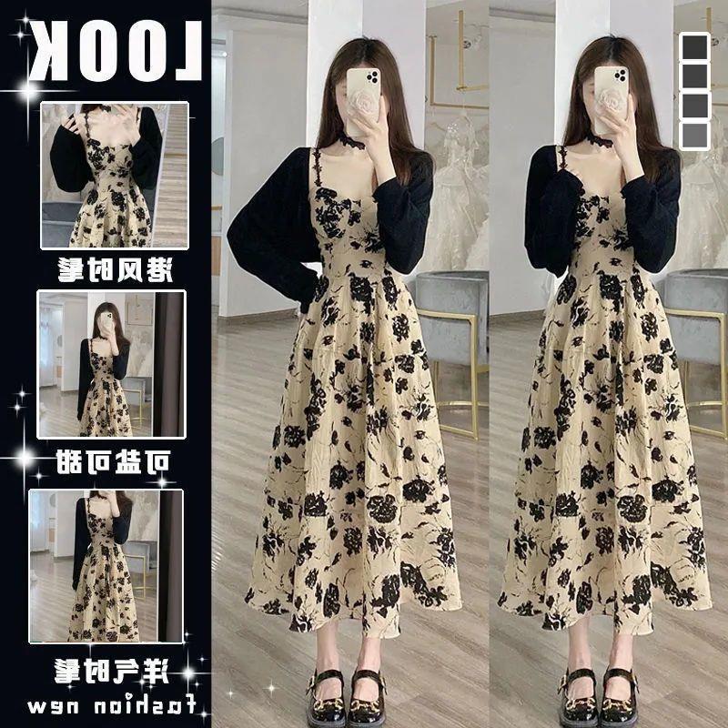 2024 Summer New French Style Vintage Floral Sling dress Hepburn Style Chic Cardigan Long Dress Two-piece Suit