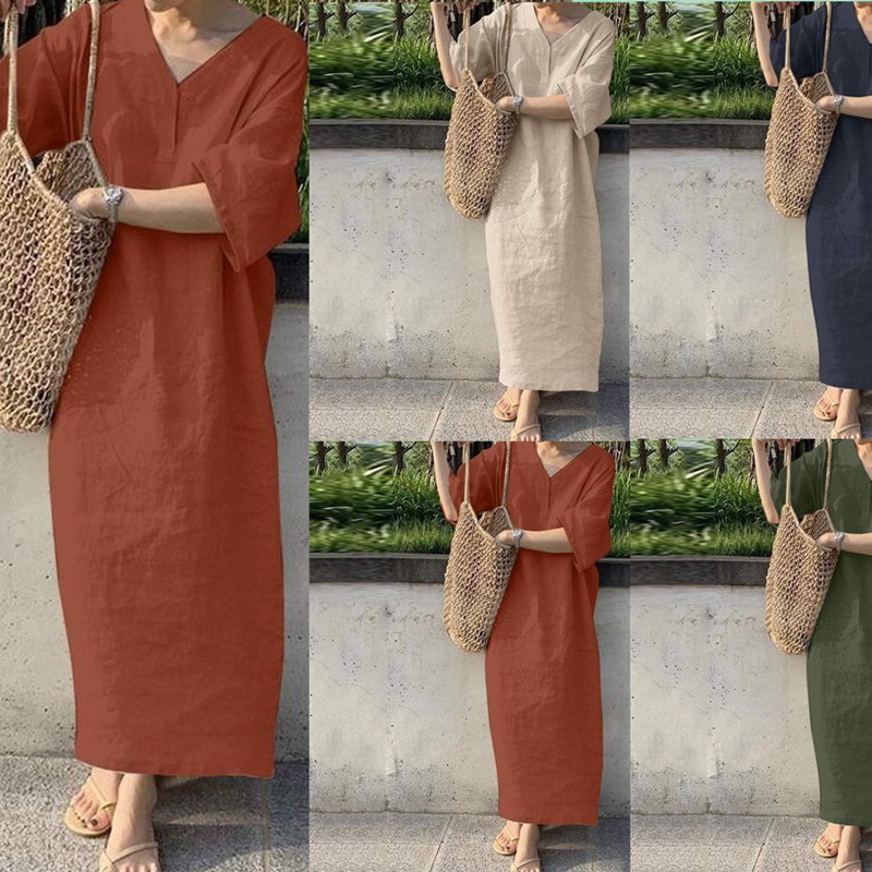 Women's Clothing 2023 Summer Fashionable Short-sleeved V-neck Elegant Vesel Dress Women's Casual Solid Color Loose Long dress Women