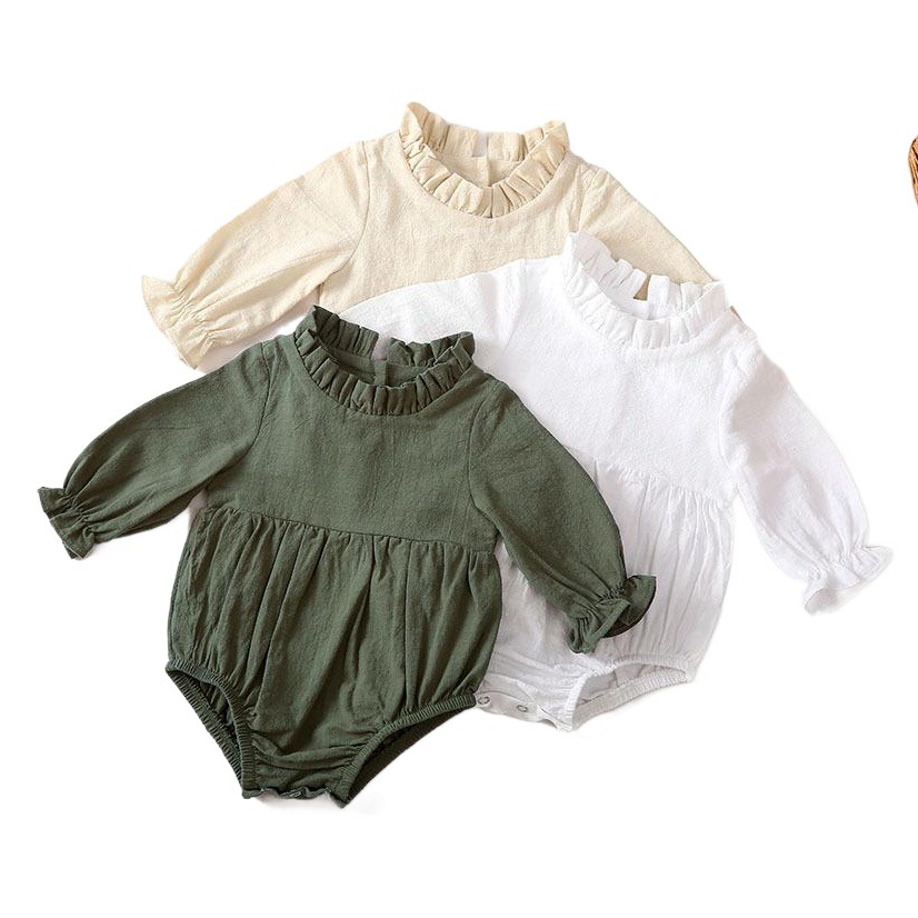 Cross-border New Long-sleeved Cotton and Linen Newborn Hatshirt Solid Color Flying Sleeve Lace Collar Baby Jumpsuit Children's Hatshirt