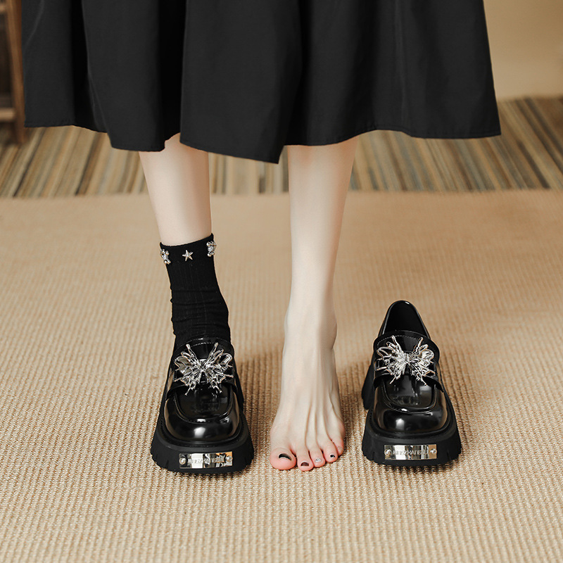 Ready in Stock ~ Niche Sweet and Cool Bow Small Leather Shoes for Women 2025 Spring British Style Sweet and Cool Style Thick-Soled Loafers