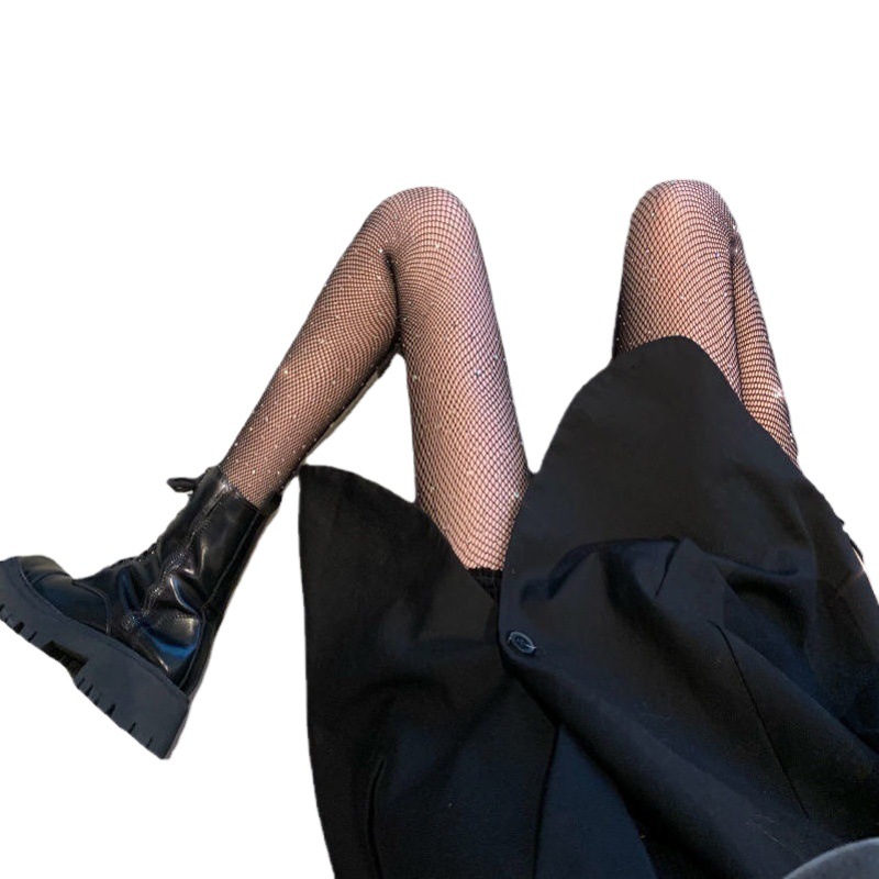 Fishnet black stockings with Diamond women's ins fashionable anti-snagging silk spring and autumn thin hot rhinestone sexy jk Internet celebrity pantyhose