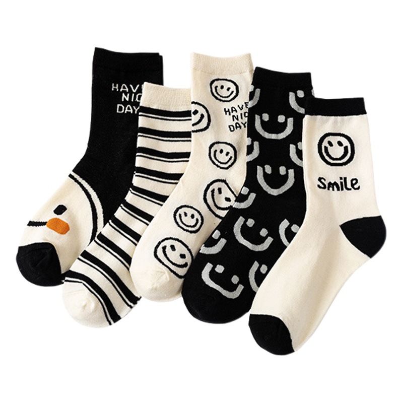 Smiley Socks Women's Spring and Autumn Cotton Mid-length Socks ins Trendy Internet Celebrity Stockings Autumn and Winter Sports Student Stockings