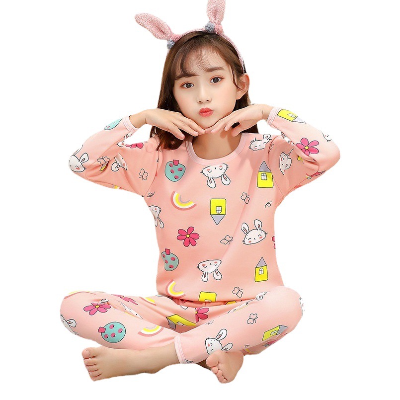 Autumn and winter crew neck plus velvet padded boys and girls bottoming pajamas children's clothing children's thermal underwear set a generation of hair