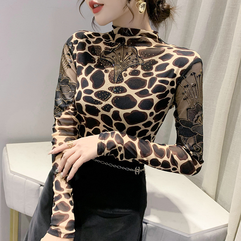 European Station 2025 Autumn New Mesh High Collar Lace Hot Diamond Leopard Print Slim Fit Western Style Long Sleeve T-Shirt Bottoming for Women