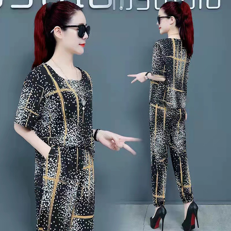 2022 Summer New Women's Printed Large Size Fashionable Harlan Pants Set Middle-aged and Elderly Mother's Two-piece Set Fashionable