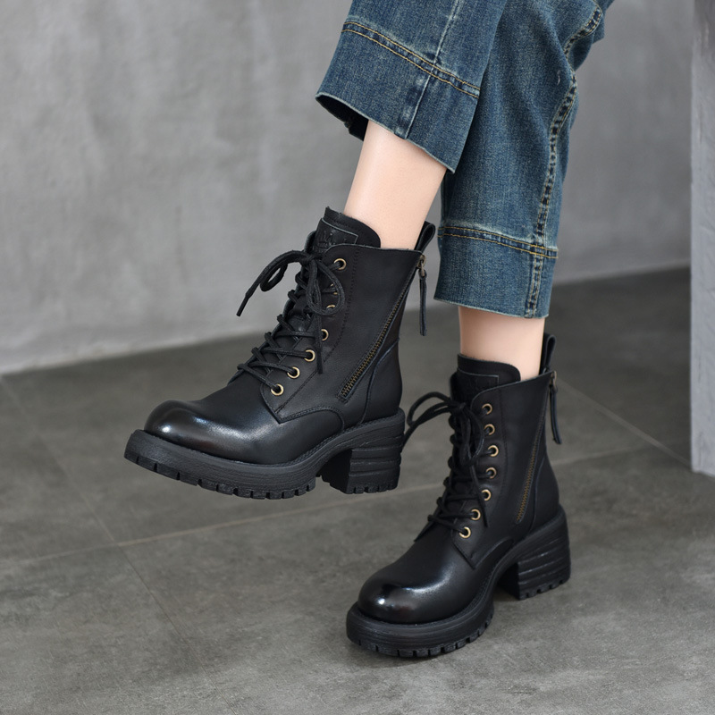 Designer Double Zipper Thick High Heel Genuine Leather Martin Boots Women's Lace-Up Short Boots Autumn and Winter New Single Boots fleece-lined Cotton Boots