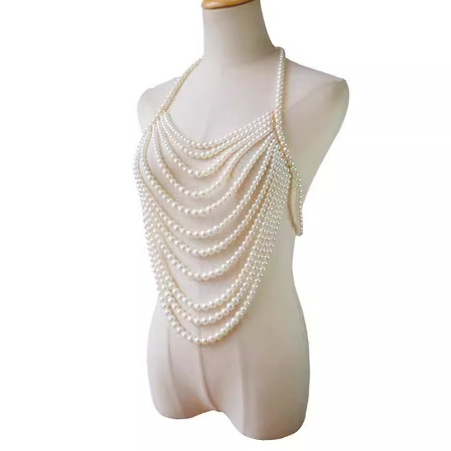 Picture of XH4523 European and American Cross-border Jewelry Pearl Fashion Multi-layer Necklace Chest Chain Sexy Chest Chain Pearl Body Chain Accessories