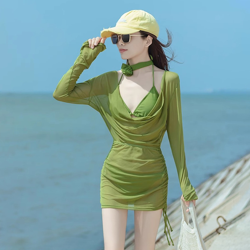 Swimwear Female Temperament Goddess Mesh Sun-proof Long-sleeved Tether Three-point Bikini Bikini Three-piece Suit High-end Sense