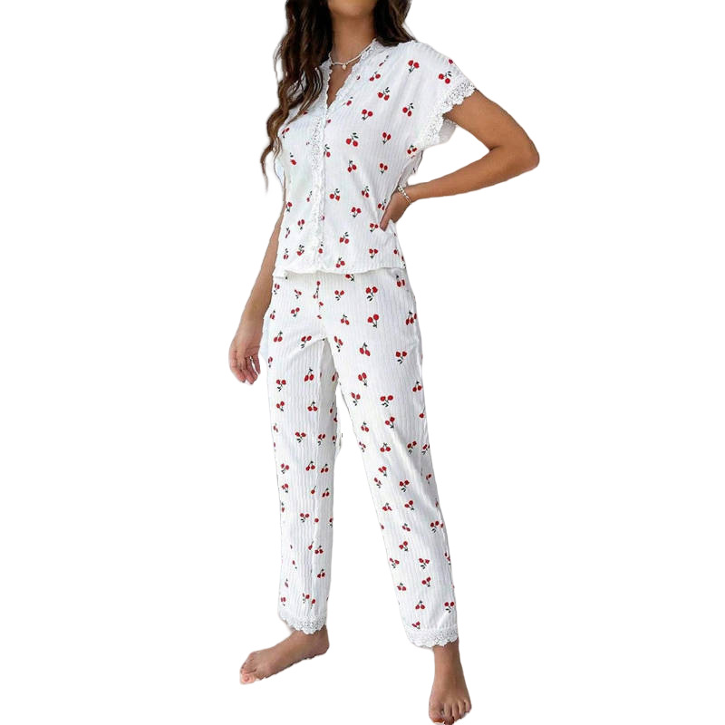 Picture of European and American Cross-Border Best-Selling Women's Home Clothes Cherry Print Water-Soluble Embroidered Edge Short-Sleeved Trousers Can Be Worn Outside Pajamas for Women