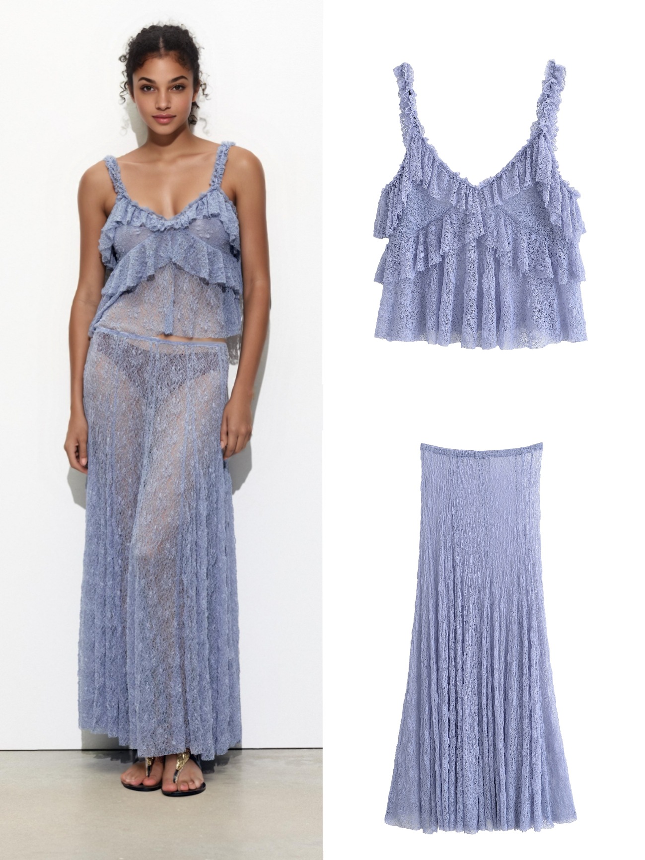 Aliexpress Cross-Border 2025 Spring and Summer New Women's European and American Style See-Through Lace Layered Decorative Top Lace Long Skirt Suit
