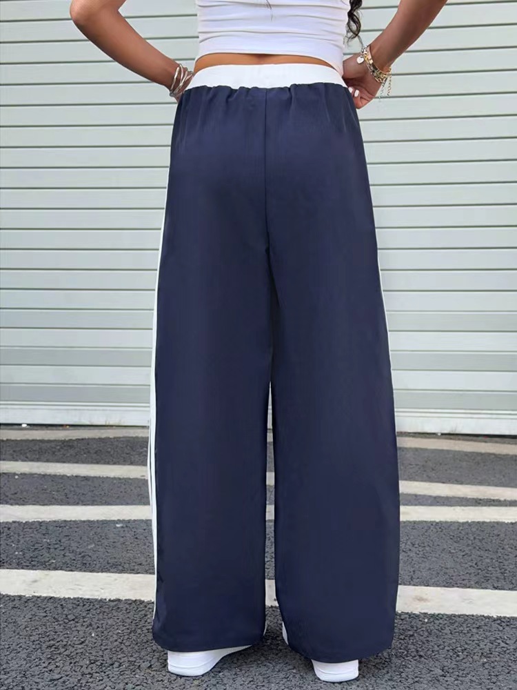 Picture of Cross-border, Europe and the United States, 2025 spring/summer new high-waisted drape, loose straight wide-leg slacks, drawstring color-blocking trousers