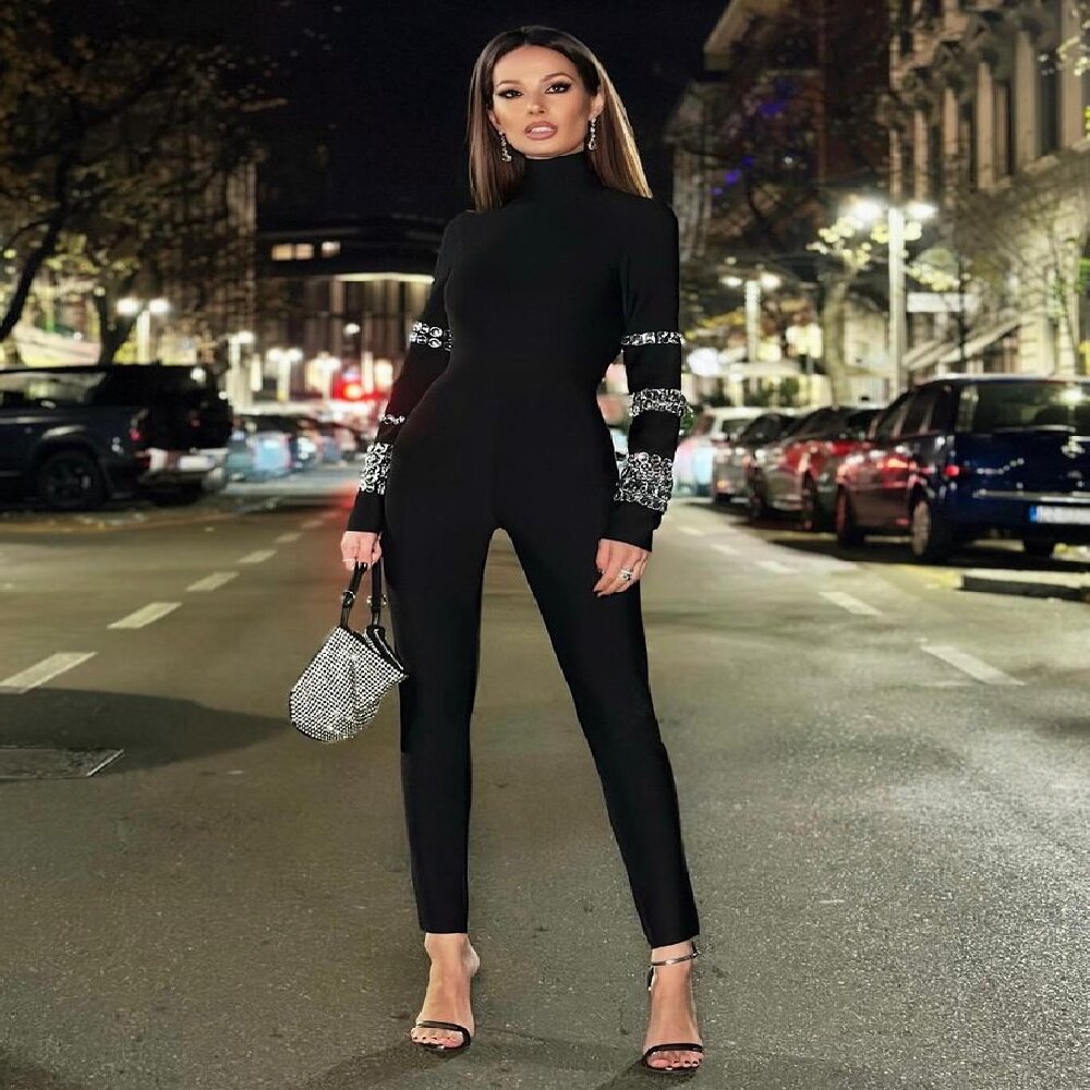 European and American Hot-selling Women's Black Nail Drill Long-sleeved Slim-fit Slim-fit Women's Pants Bandage Trousers Commuter Clothing