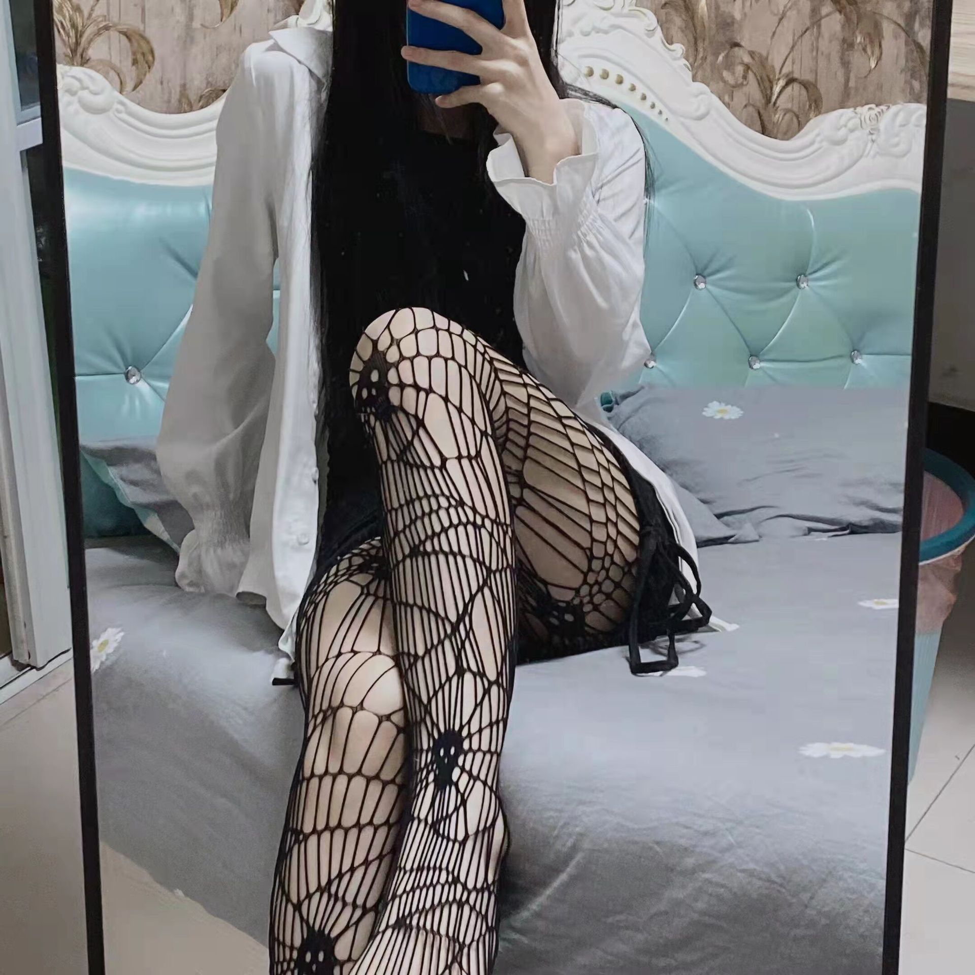 Picture of Internet Celebrating Halloween Nets Skull Spider Web Hollow Fishnet Stockings Pure White Silk Stockings Sexy Black Silk