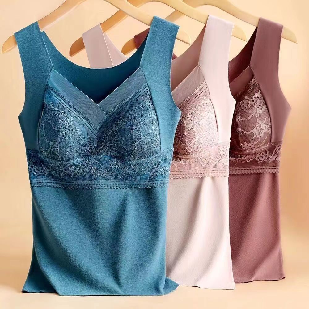 Autumn and Winter lace velvet thermal vest women's embroidery fixed one-piece Cup slim base thick thermal underwear women