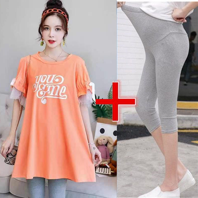Picture of New Pregnant Women's Summer Half-sleeved T-shirt suit Korean Pregnant Women's Spring Mid-length Top dress Two-piece Set