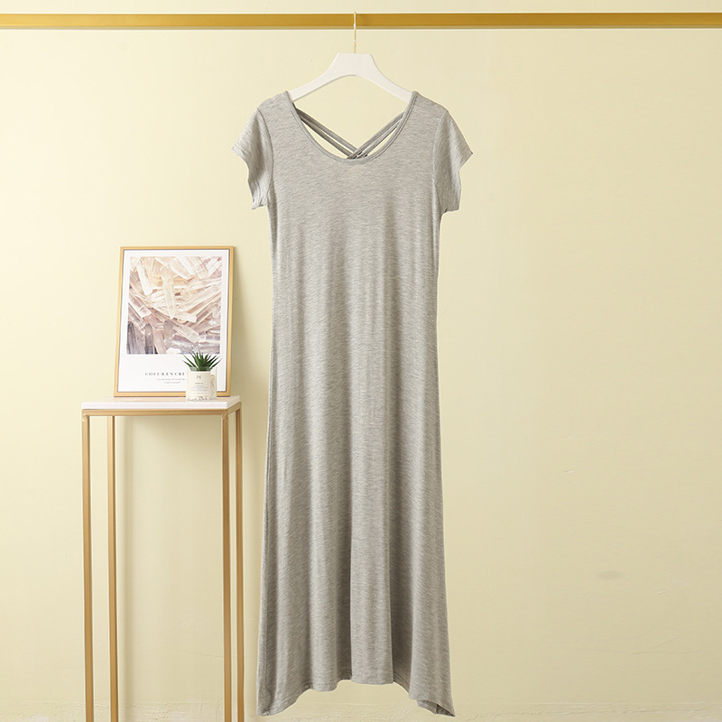 Picture of Modal Beautiful Back Cross Sexy Long Skirt Elegant Simple Short-Sleeved Dress Summer Thin Stripesd Skirt