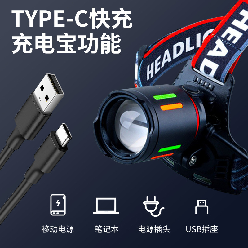 New LED strong light zoom headlight USB rechargeable outdoor night fishing waterproof long life portable long-range COB headlight