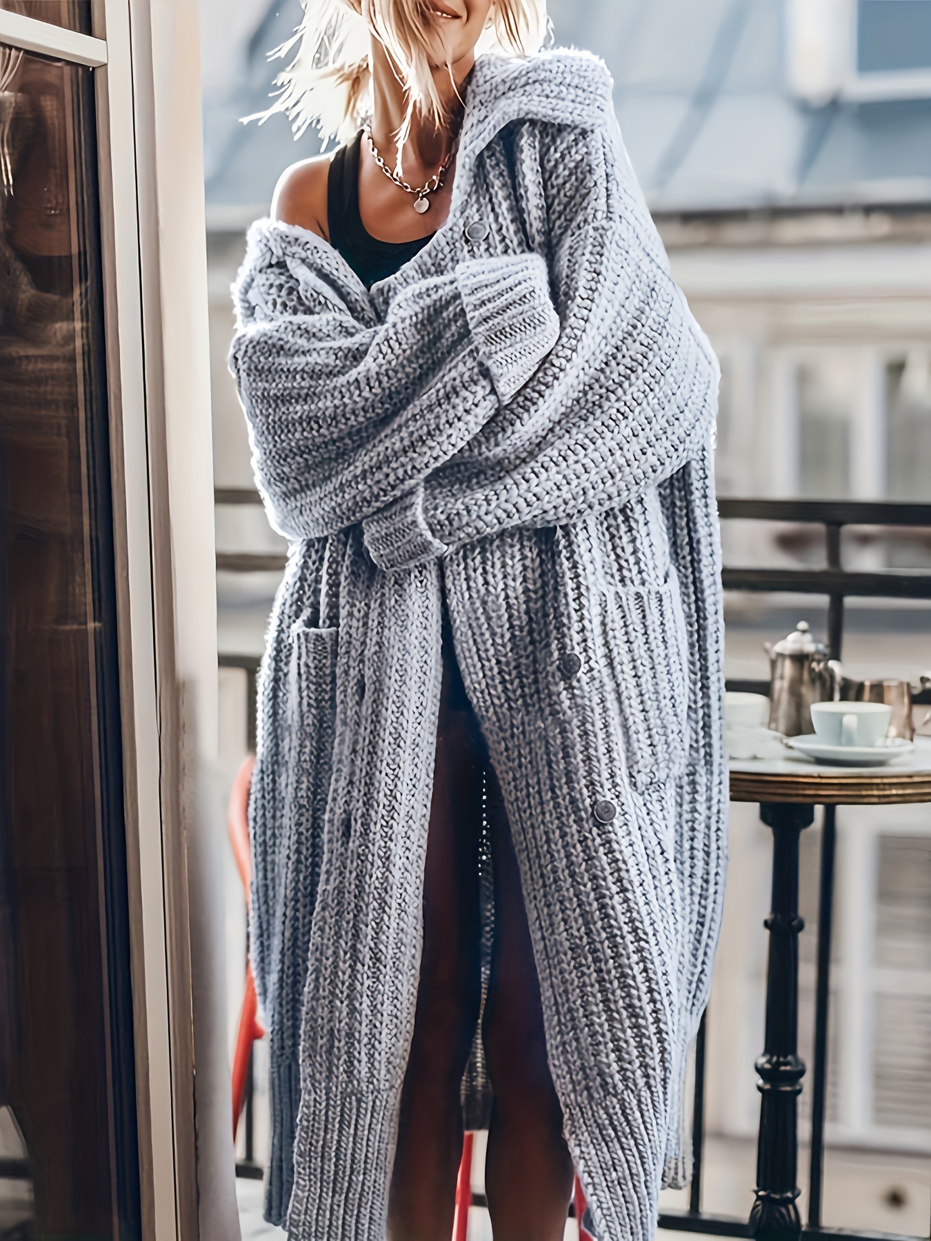 Cross-Border 2025 Autumn and Winter European and American Style Large Lapel Knit Cardigan, Elegant Long Coat Sweater, Slim Fit