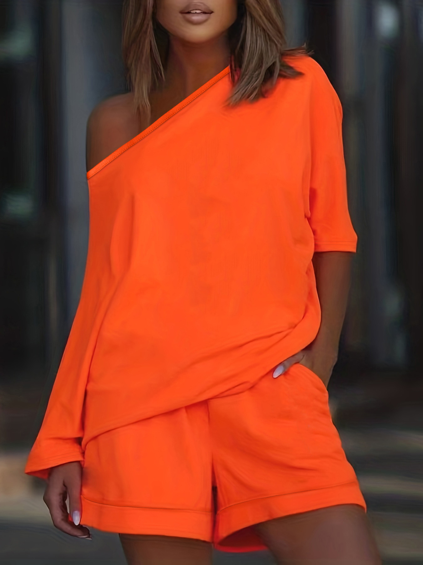 Cross-border TEMU Hot-selling European and American Fashion Casual Printed Slant Collar Mid-length Long-sleeved Top Shorts Two-piece Set