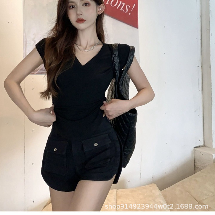 Picture of New Summer Irregular V-neck Shoulder Short-sleeved T-shirt Design Pleated Tight Waist Short High Waist Top Pure Hot Girl