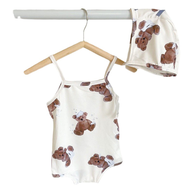 ins24 Summer Swimsuit Swimsuit Swimming Cap Sling Pouty Hap Casual Baby Girl Swimming Beach All-in-one Suit