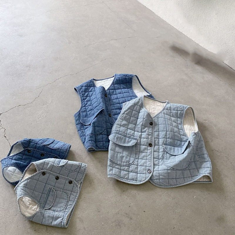 Picture of Children's Korean-style winter casual jacket for boys and girls vintage washed distressed quilted plaid baby Denim vest