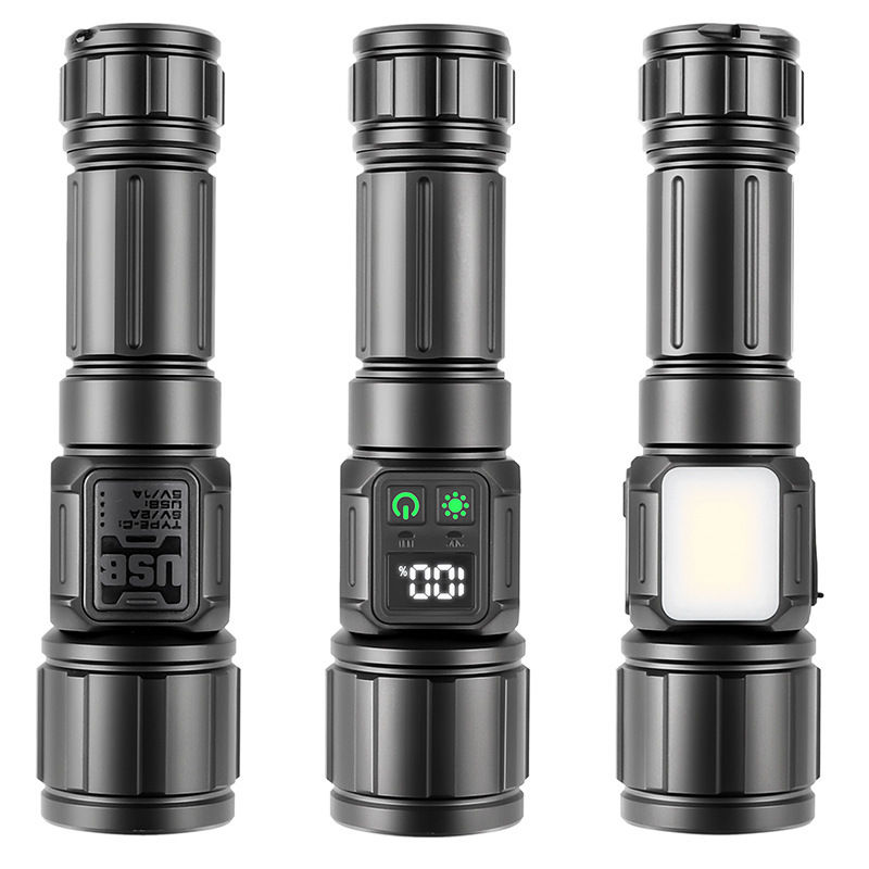 Strong flashlight 30WCOB side light with digital display retractable focusing magnet high-power outdoor white laser flashlight