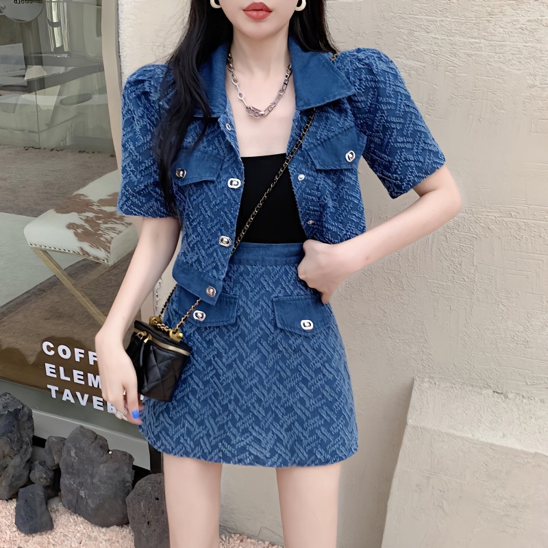 2025 Fashionable Age-Reducing Two-Piece Suit for Women Summer Short-Sleeved Denim Short Jacket High Waist Slimming A-Line