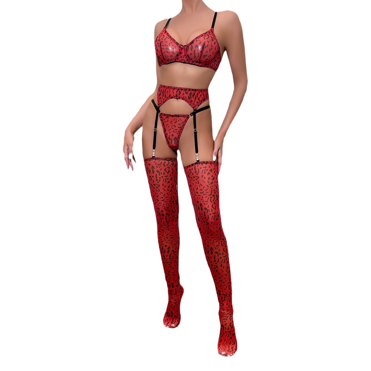 INS European and American Internet celebrity new sexy lingerie sexy mesh printed leopard print perspective push up four-piece set with stockings