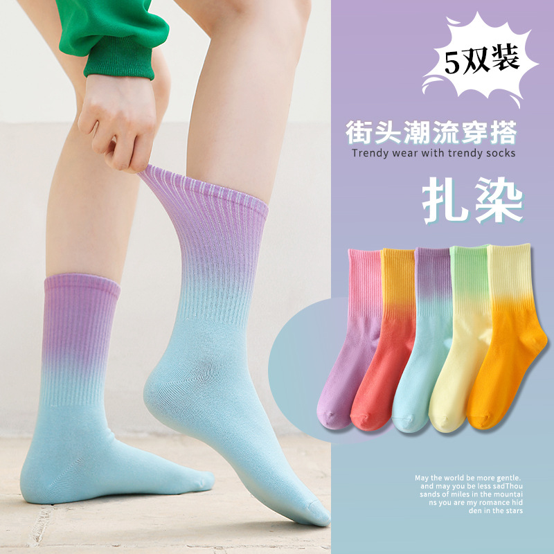 Picture of Women's socks autumn pure cotton deodorant autumn mid-calf Zhuji candy color tie-dyed tide socks wholesale source factory cotton socks