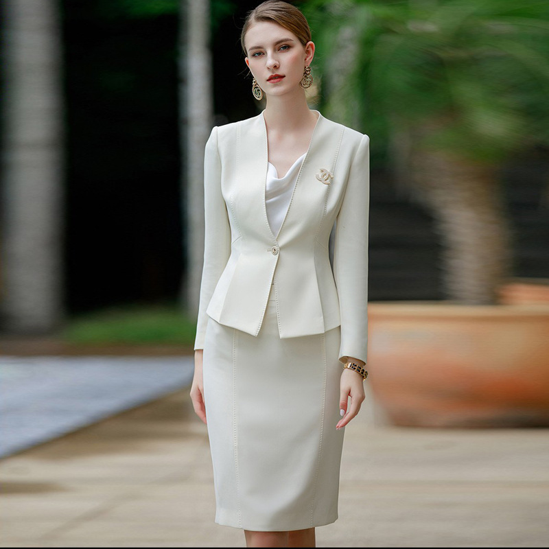 Spring and Autumn fashion elegant collarless beige professional suit fashion white collar formal wear overalls broadcasting host formal wear