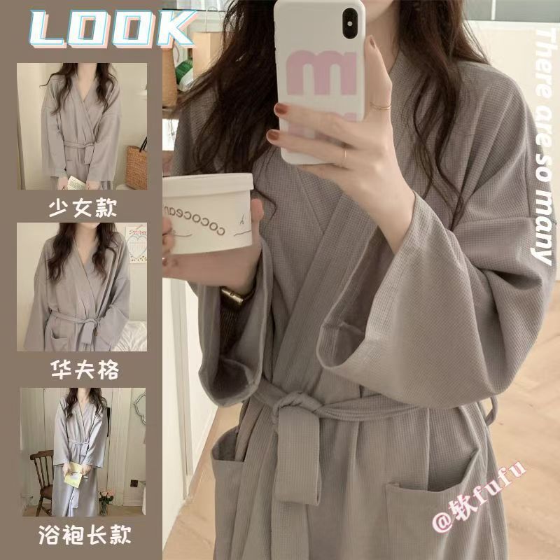 South Korea Simple Solid Color Waffe Sweet Nightgown Women's Autumn and Winter Bathrobe Kimono Long Home Clothes Pajamas Outer Wear