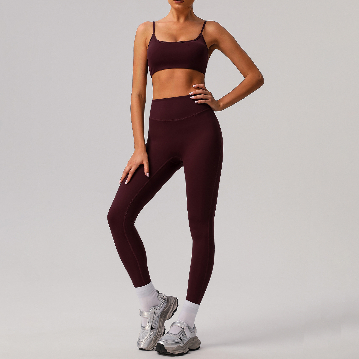 Picture of European and American Solid Color Tight Naked Yoga suit High Elastic Breathable Fitness Clothes Outdoor Body Shaping Running Sports suit Women