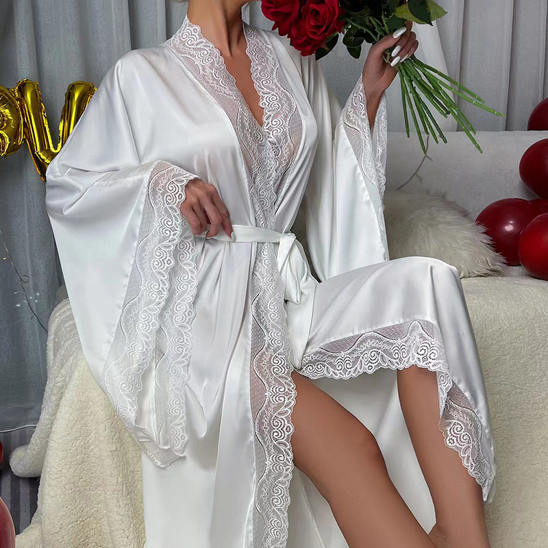 Picture of Fei Yun cross-border new satin pajamas women lace light luxury long sleeved cool feeling nightgown bathrobe home 336