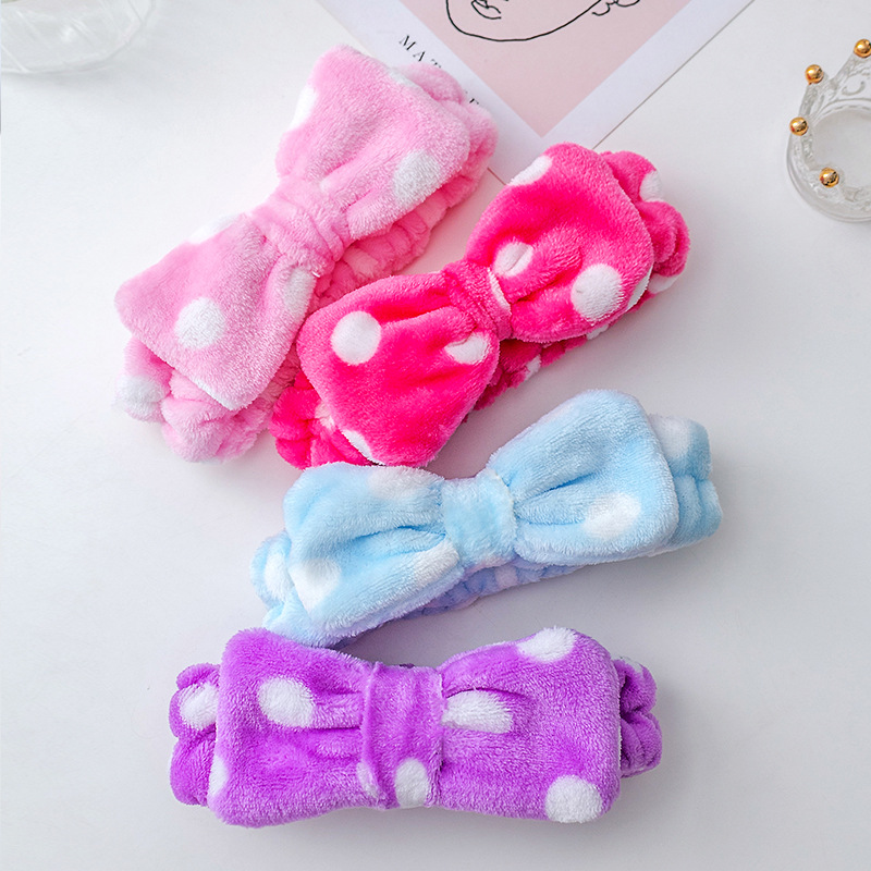 Picture of Korean Style Cute Dot Striped Headband Bow Hair Band Plush Hair Accessories Face Wash Hair Band Makeup Mask