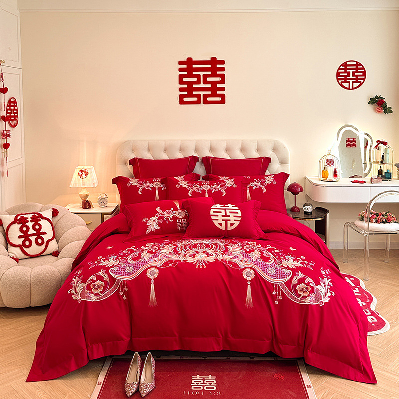 Picture of High-end European-style Wedding Four-piece Cotton Big Red Embroidered Sanding Quilt Cover Wedding Bedding Accompanying Wedding Room