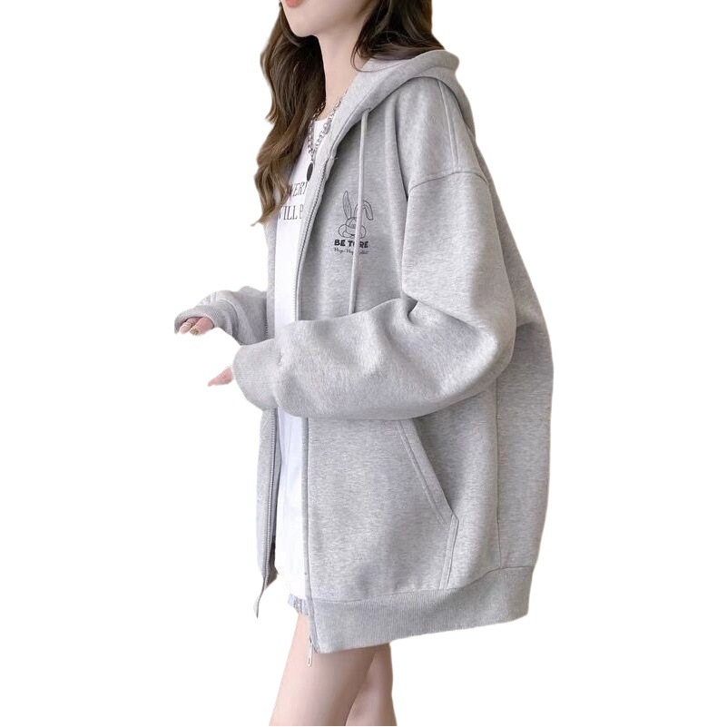 Embroidered hooded sweater women's autumn and winter fleece-lined thickened loose plus size college style casual hooded sweater cardigan coat