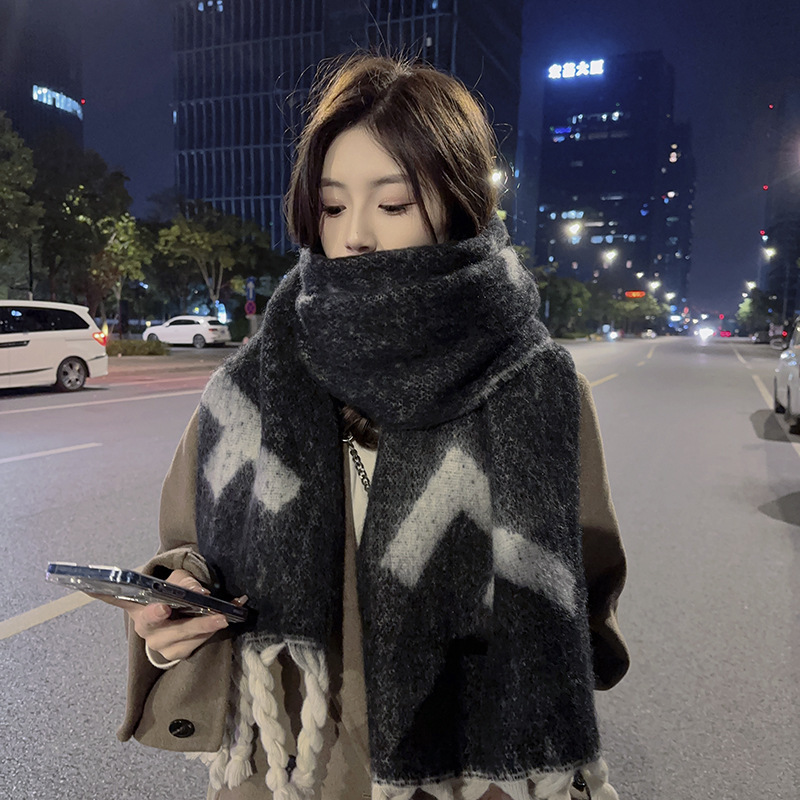 Picture of Winter monochrome plush heavy weight soft fluffy lazy wind solid color large pulled wool warm scarf for students couple