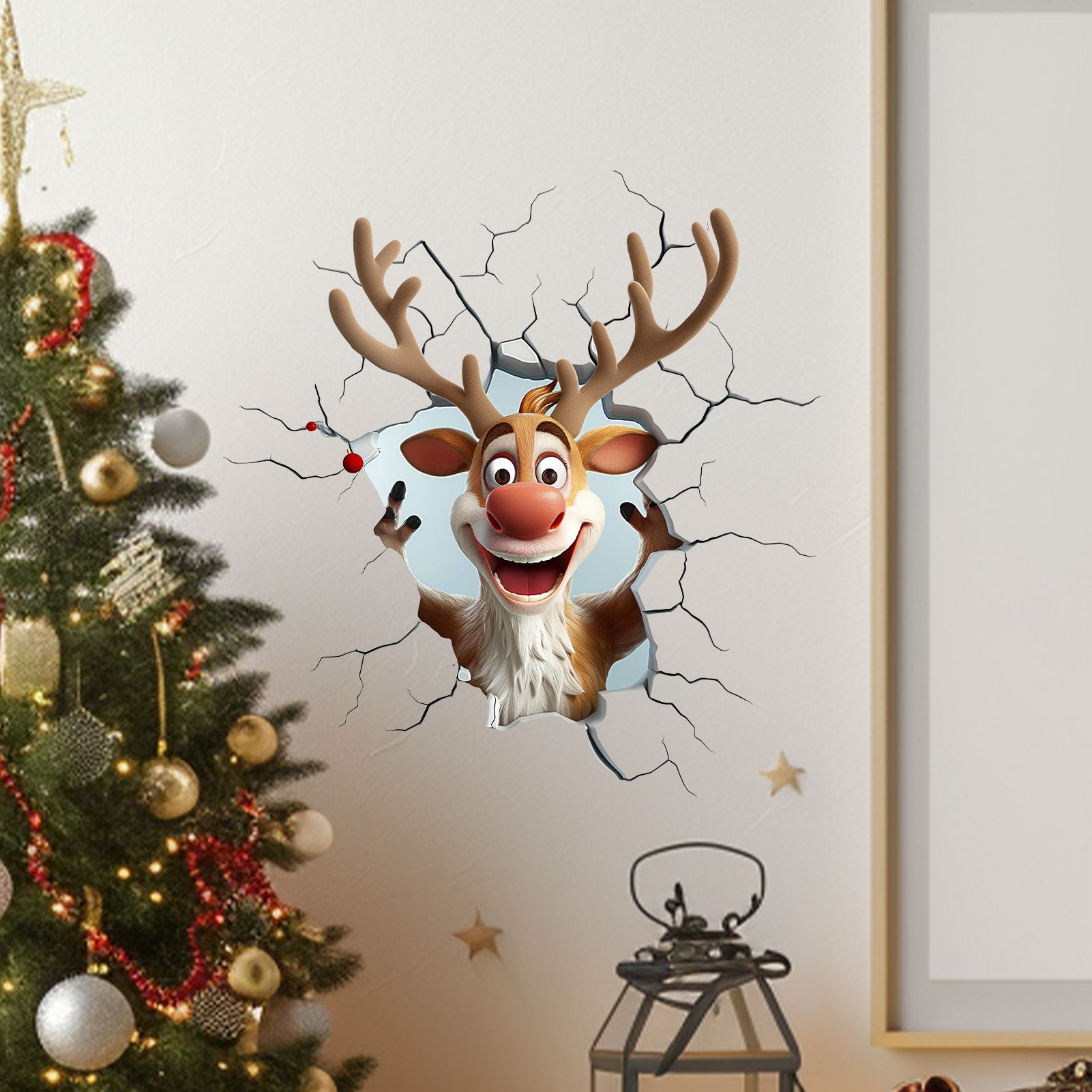 MS-XA026 Christmas Creative 3D Broken Wall Cartoon Elk Stickers Holiday Atmosphere Living Room Home Decoration Wall Stickers