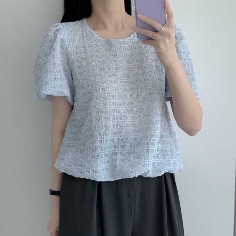 Summer New Korean Dongdaemun Lantern Sleeve Pleated Plaid Pure Color Short-Sleeved T-Shirt Shirt for Women