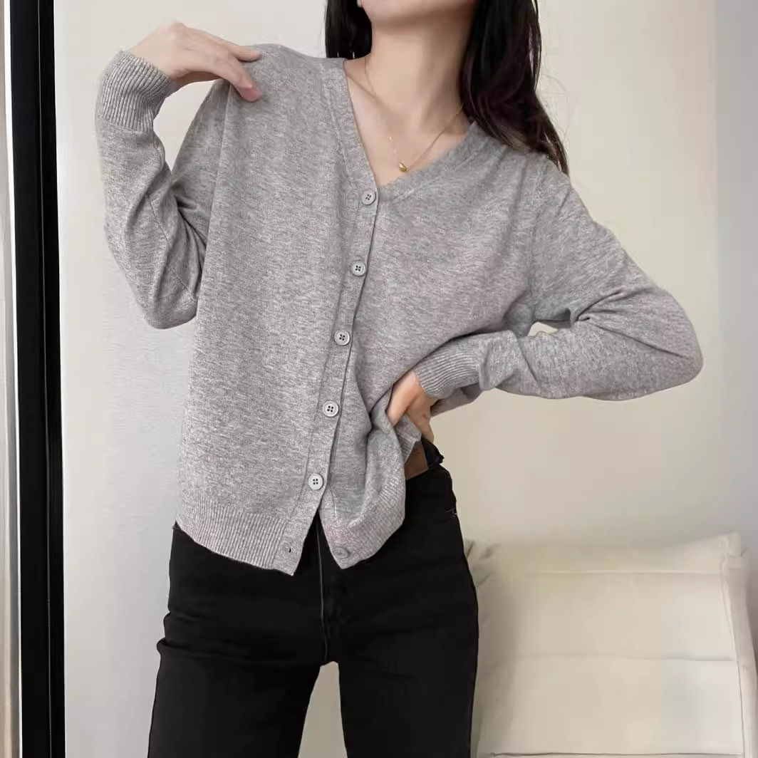 Picture of V-neck single-breasted knitted cardigan women's solid color sweater women's coat autumn and winter New lazy style loose coat women