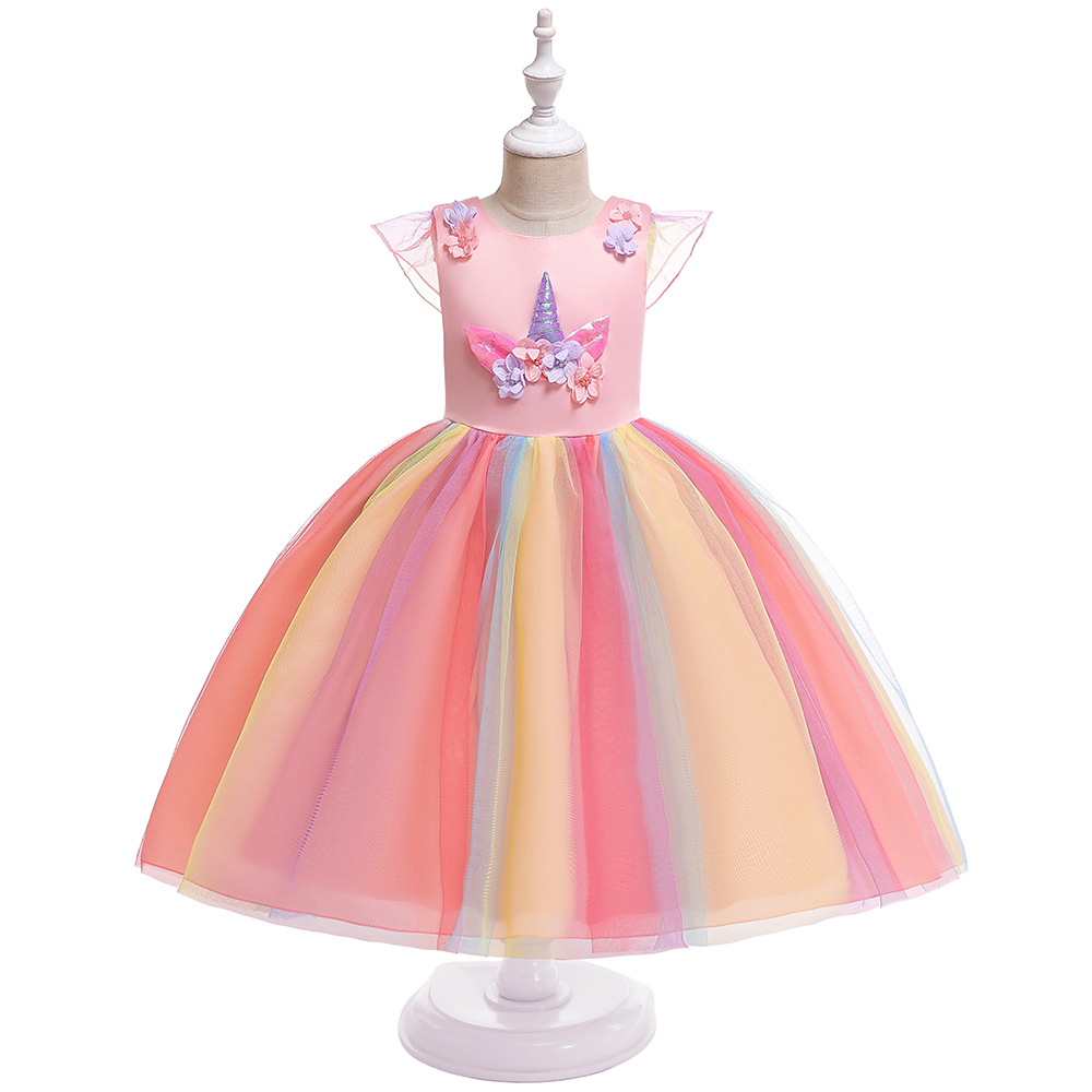 Picture of 20.23 million Christmas Dress Children Unicorn Dress Girl's Gauze Rainbow Princess Dress Cotton 4-12 Years