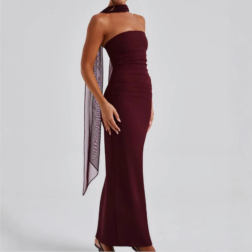 AliExpress Cross-border 2024 Autumn and Winter Silk Scarf Strapless Slim-fit Temperament Hip Women's Dress Rear Vented dress