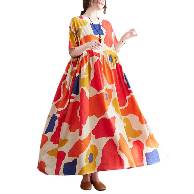 Picture of Artistic plus size chubby girl plus size printed dress summer long dress round neck loose slimming large swing skirt women's clothing