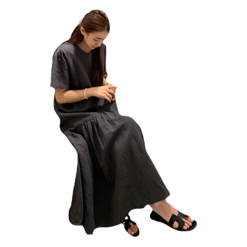 Picture of Japanese summer new style loose slimming short sleeve cotton linen dress women's casual retro to ankle Mori women's long skirt