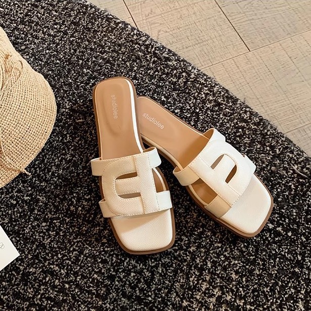 Picture of Grape Mom's Same Style Cut Out Slimming Look Square Toe Soft Sole Versatile Flats Bottom One-Line Beach Outer Wear Genuine Leather Slippers for Women Summer