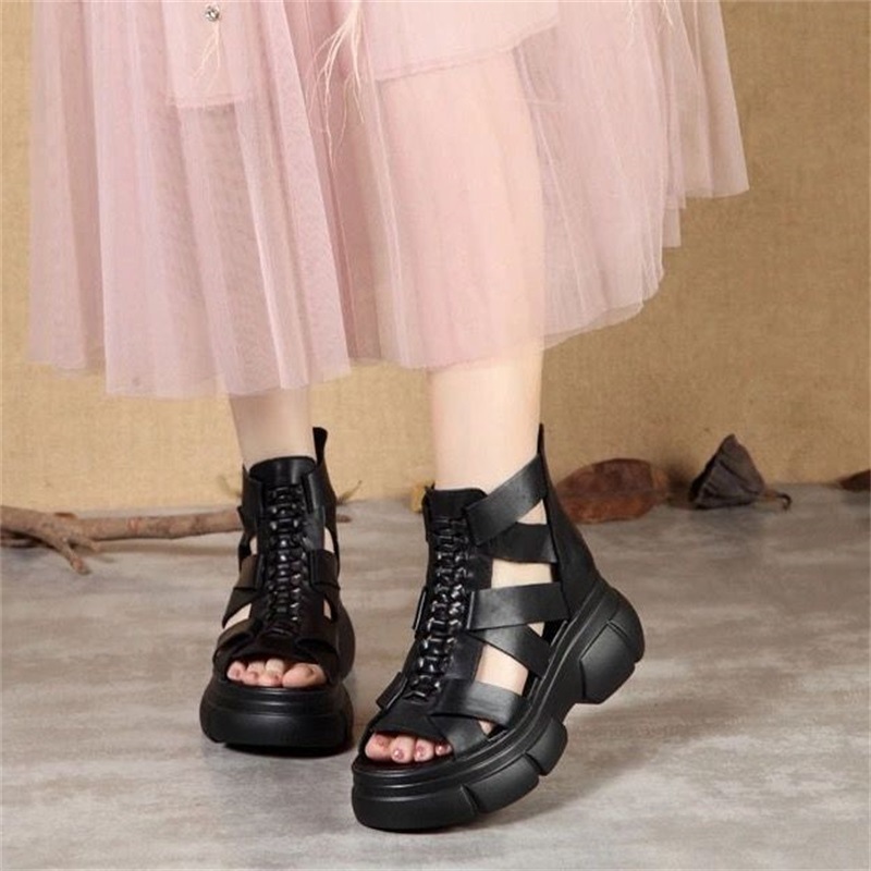 New Spring and Summer Vintage Ethnic Style Wedge Soft Leather Sandals Women's Sandals Waterproof Platform High Heel Roman Fish Toe Sandals