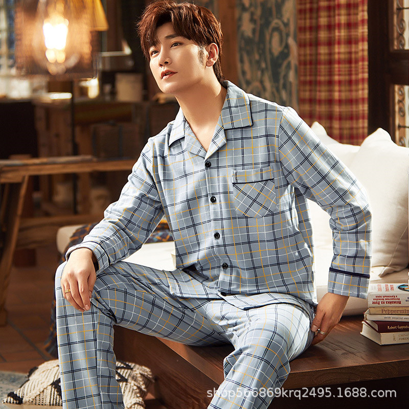 Picture of [Cloud Sense Sleeping] Spring and Summer Thin Men's Pajamas Men's Lapel Long Sleeve Casual Outer Wearing Home Clothes One suit