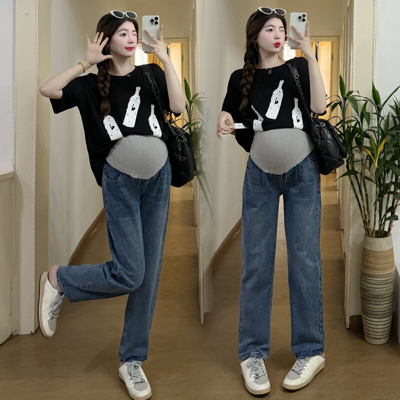 Picture of South Korea Pregnant Women's Jeans Spring and Autumn Wear Wide-leg Pants Straight High Waist Abdomen-supporting Pants Pregnant Women's Trendy Casual Pants
