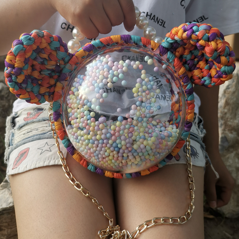 Picture of Handmade woven cloth line bear Mickey bag material bag transparent hemisphere acrylic Pearl handbag satchel